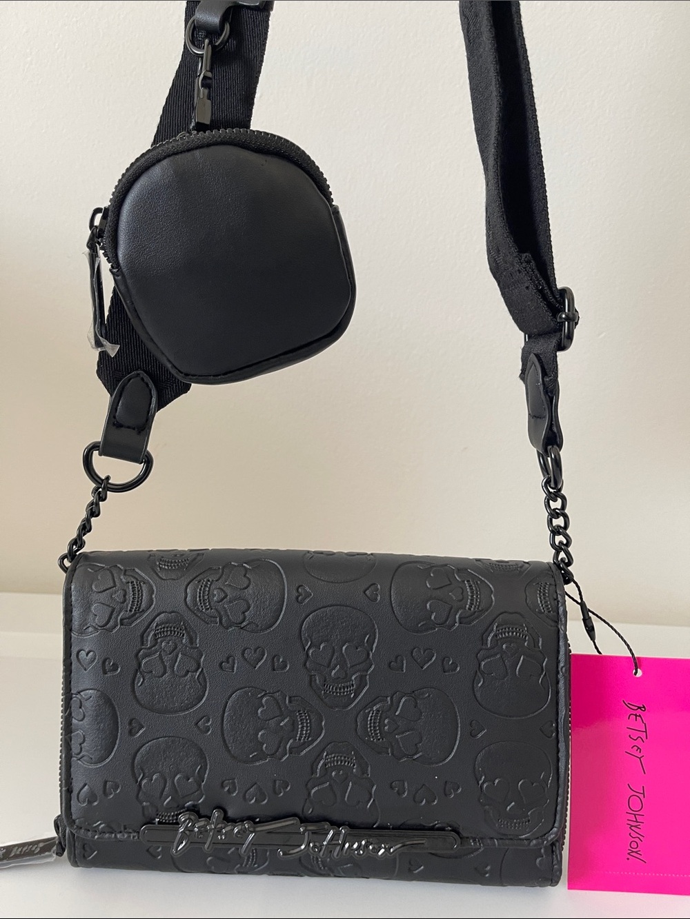 Betsey Johnson Black Embossed Skull Crossbody with Chain Strap